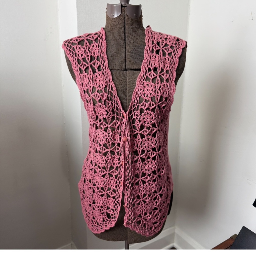 Vintage Casual Corner 90s Y2K Silk Cotton Pink Crochet Vest Sz M CottageCore